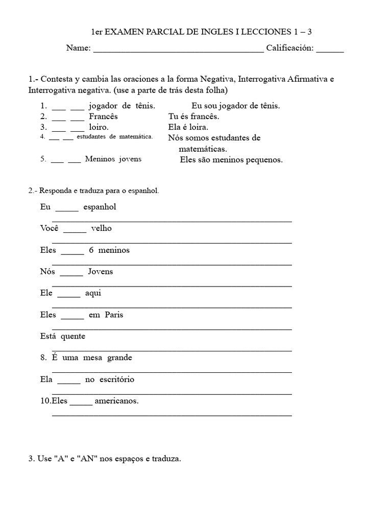 1º EXAME PARCIAL DE INGLÊS I AULAS 1 A 3 | PDF