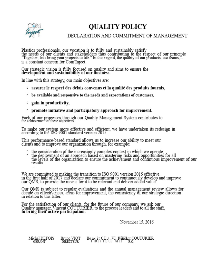 Quality Policy Letter Cominject | PDF | Quality Management | Quality ...