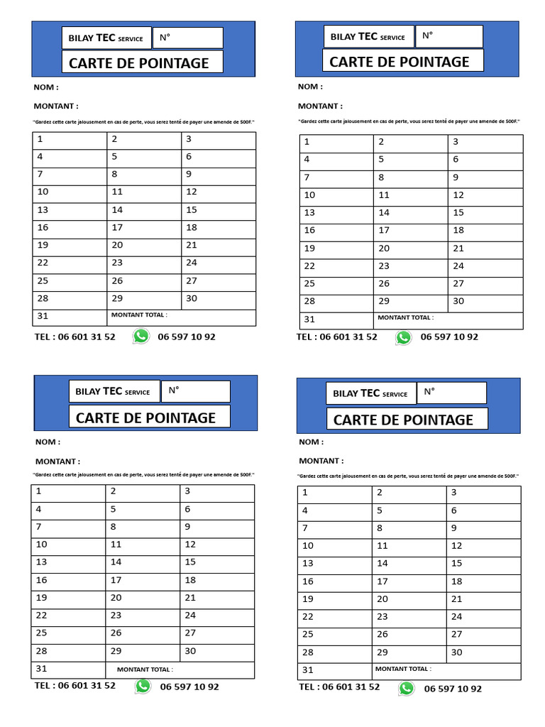 Carte de Pointage Bilay Tec Service | PDF