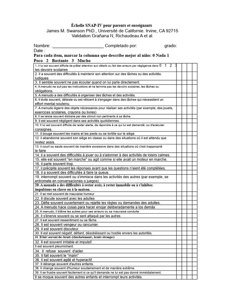 Échelle SNAP-IV : Évaluation des troubles de l'attention | PDF ...