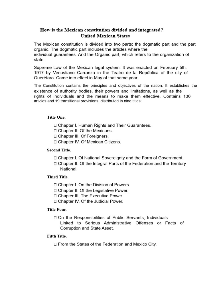 Structure of the Mexican Constitution | PDF | Mexico | Sovereignty