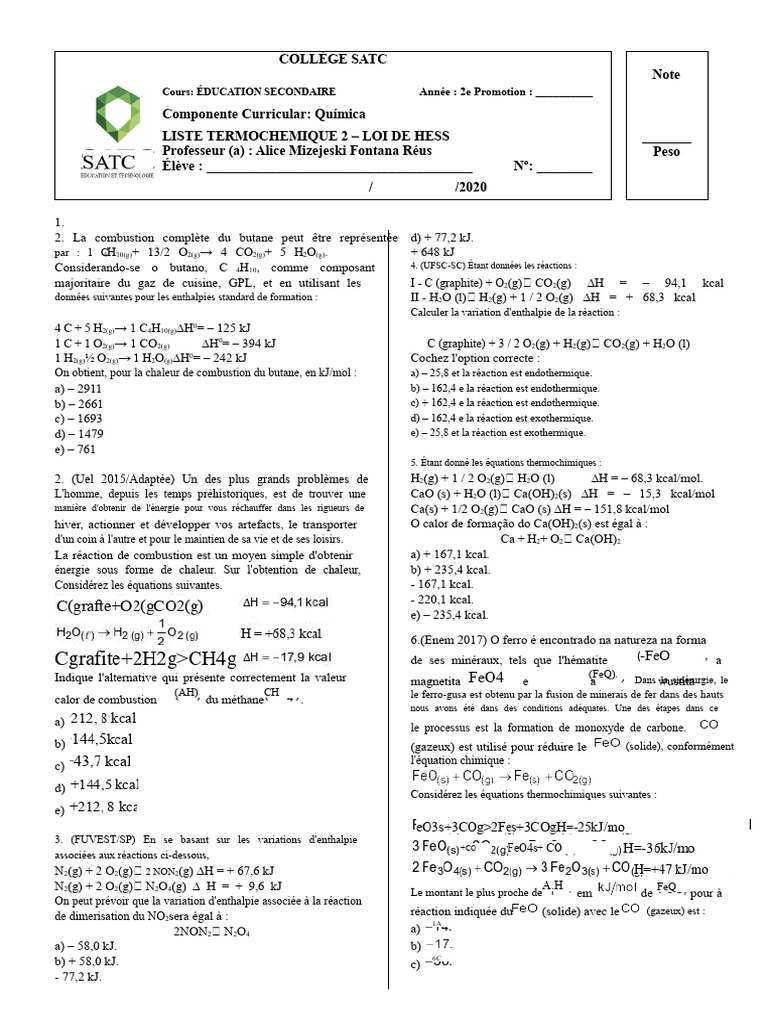 Loi de Hess et variations d'enthalpie | PDF | Réactions chimiques ...