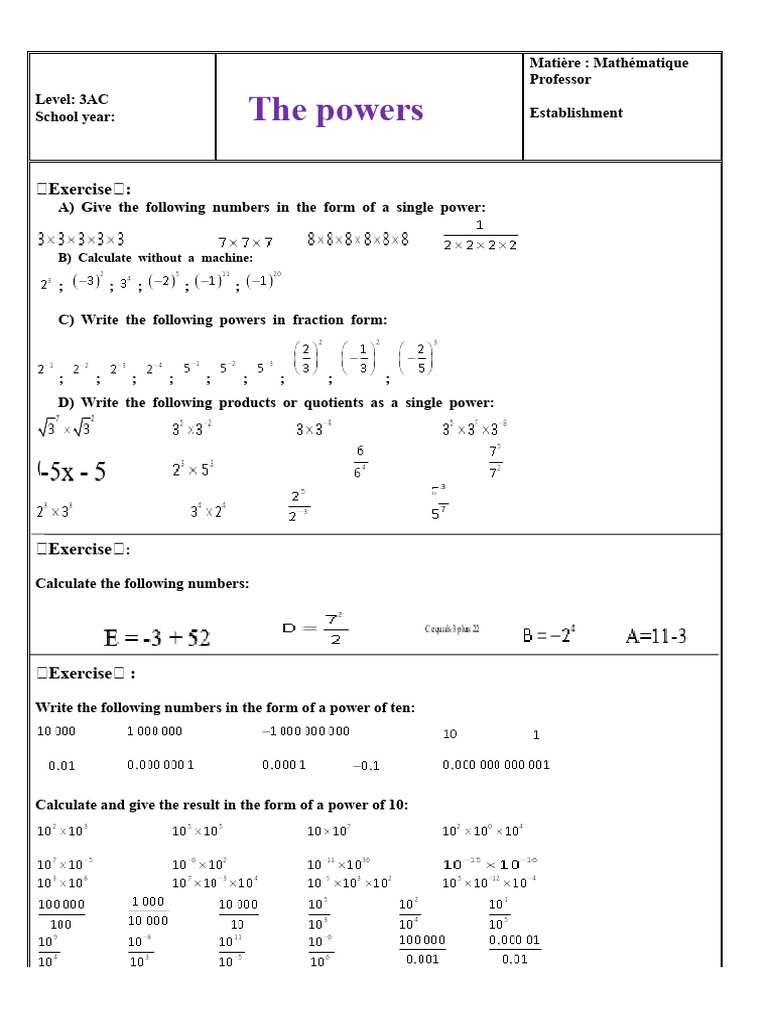 Powers Series of Exercises Math 3AC Word 1 1 | PDF