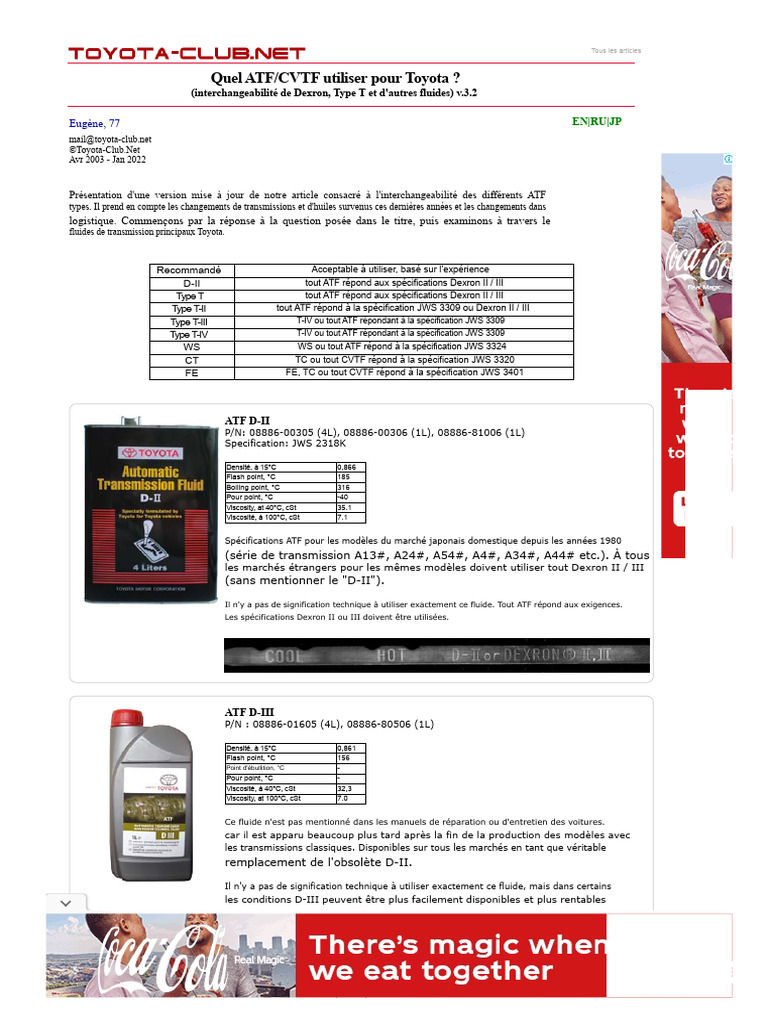 Fluids ATF/CVTF pour Toyota : Guide complet | PDF | Industrie ...