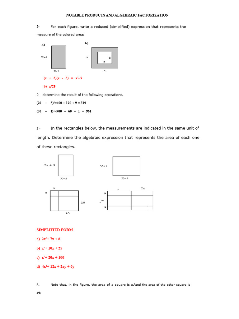 Algebraic Factorization and Area Calculations | PDF | Algebra ...