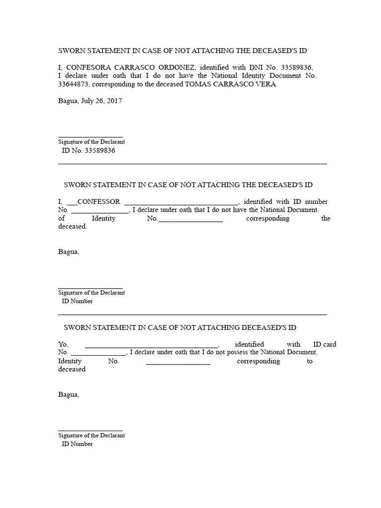 Affidavit in Case of Not Attaching The Deceased's ID | PDF