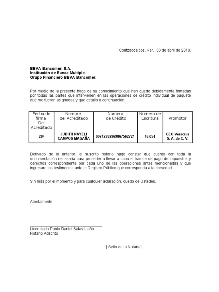 Carta Operacion Formalizada Bbva Instituciones financieras