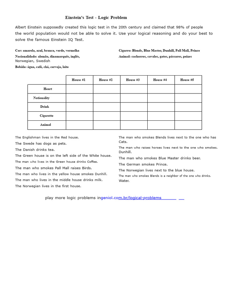 Solve Einstein's Logic Test Challenge | PDF