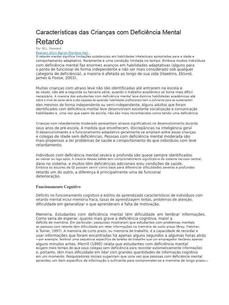 Características do Retardo Mental Infantil | PDF | Aprendizado ...