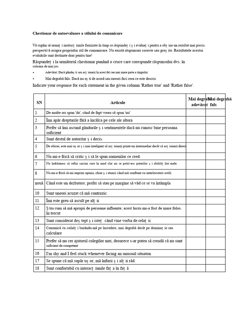 Chestionar de Autoevaluare A Stilului de Comunicare | PDF