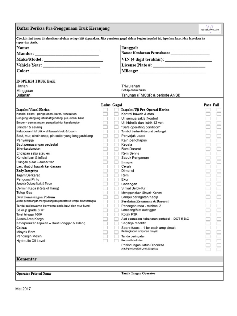 Checklist Inspeksi Truk Keranjang Harian | PDF
