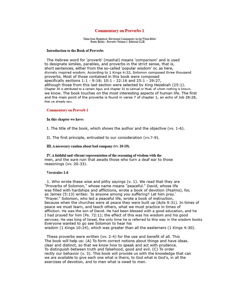 Commentary on Proverbs Chapter 1 | PDF | Book Of Proverbs | Wisdom