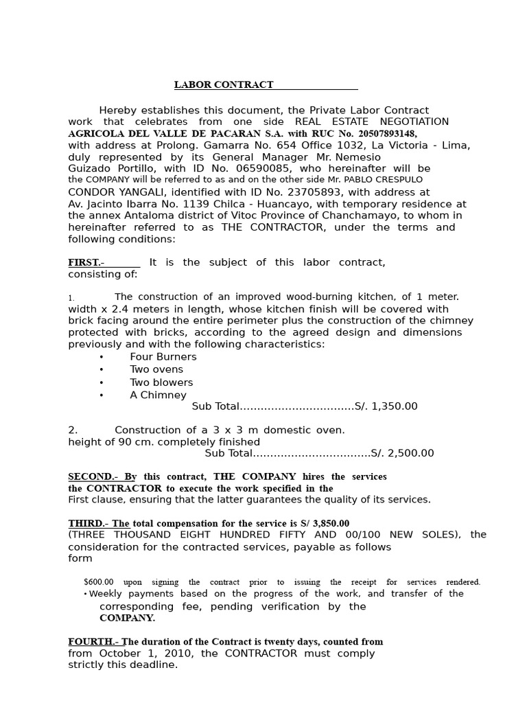 Private Labor Contract for Kitchen Construction | PDF | Business ...