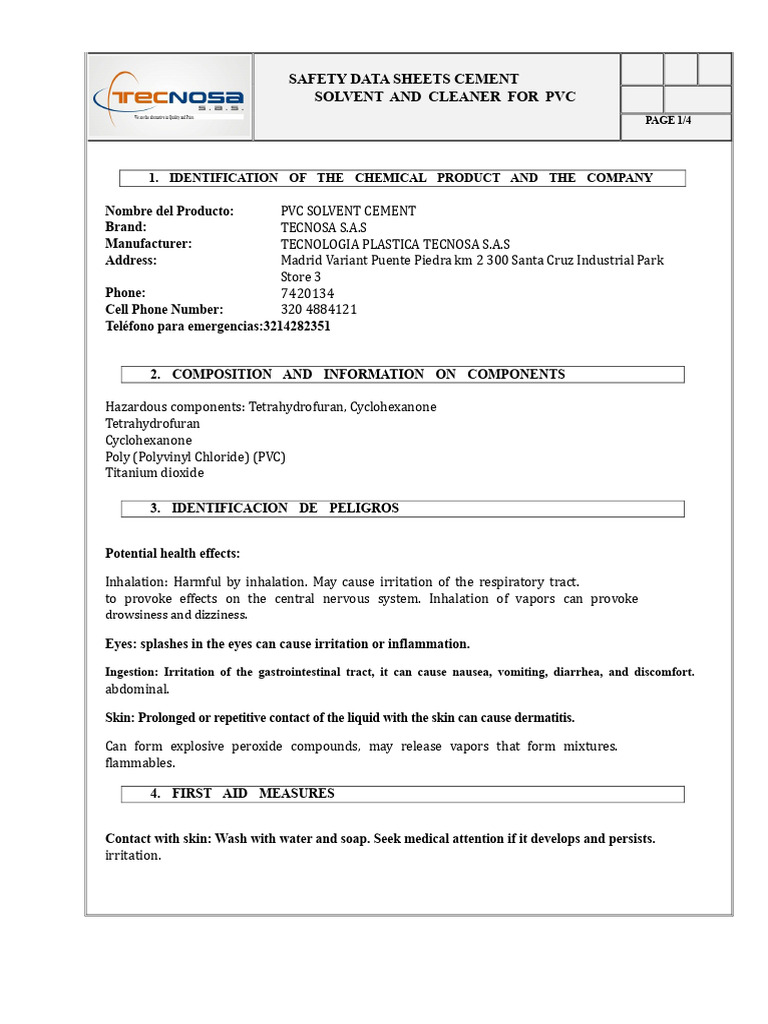 PVC Solvent Cement Safety Data Sheet | PDF | Solvent | Polyvinyl Chloride