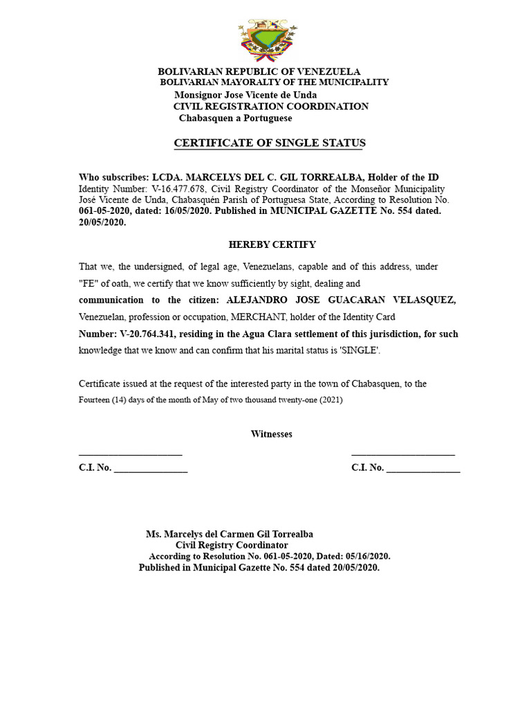 Certificate of Single Status - Venezuela | PDF