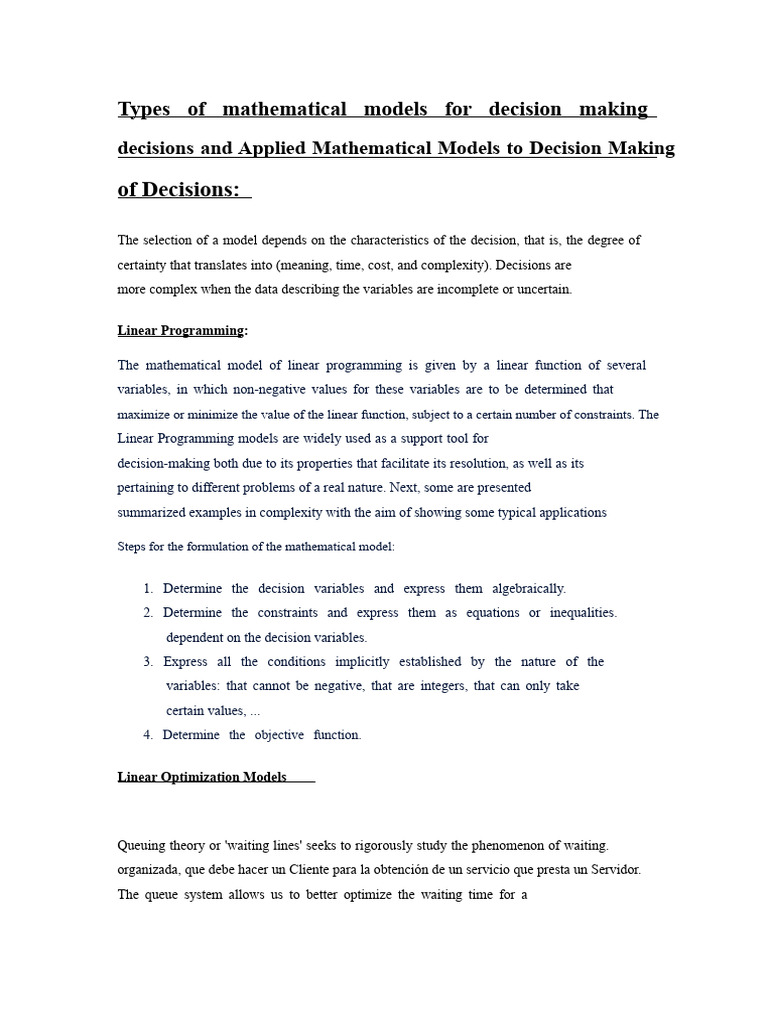 Types of Mathematical Models For Decision Making and Mathematical ...