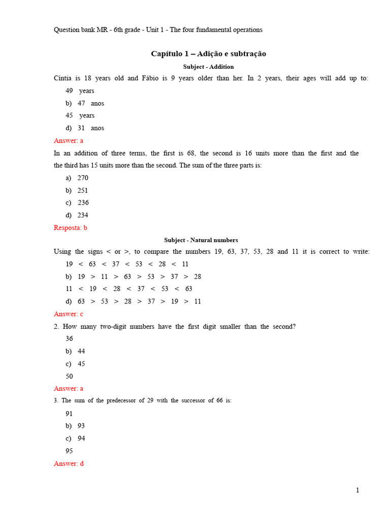 6th Grade Math Question Bank: Operations | PDF | Arithmetic | Mathematics