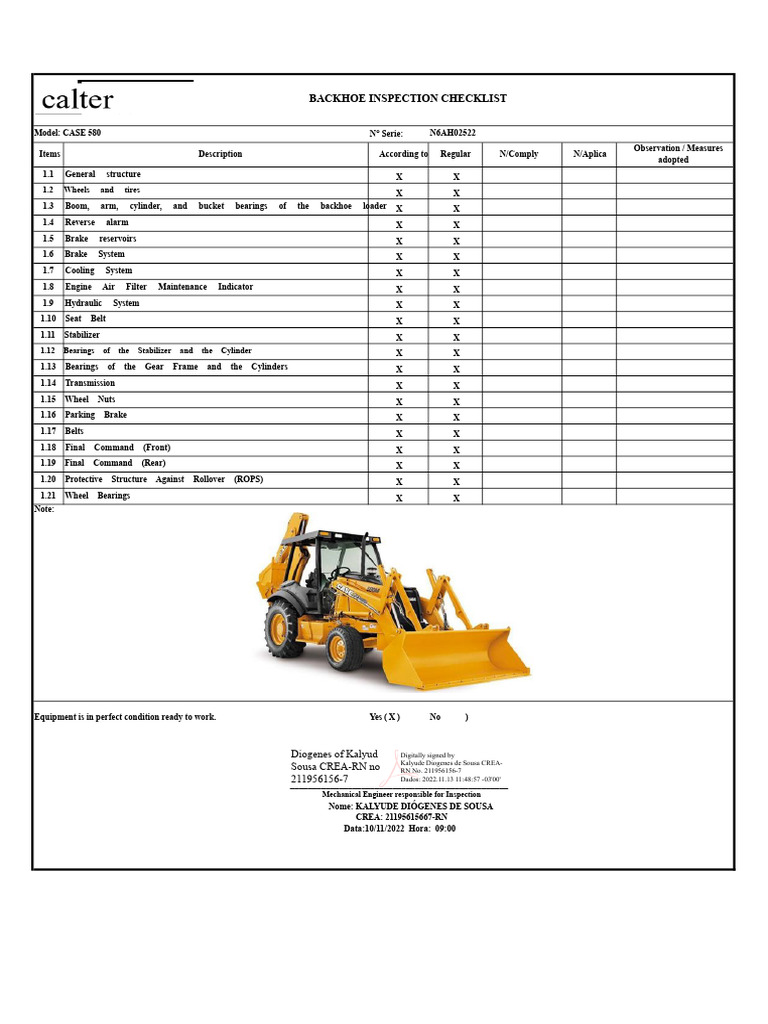 Backhoe Inspection Checklist CASE 580 | PDF | Loader (Equipment ...