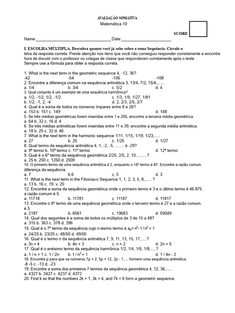 Avaliação de Sequências em Matemática 10 | PDF | Sequência | Matemática