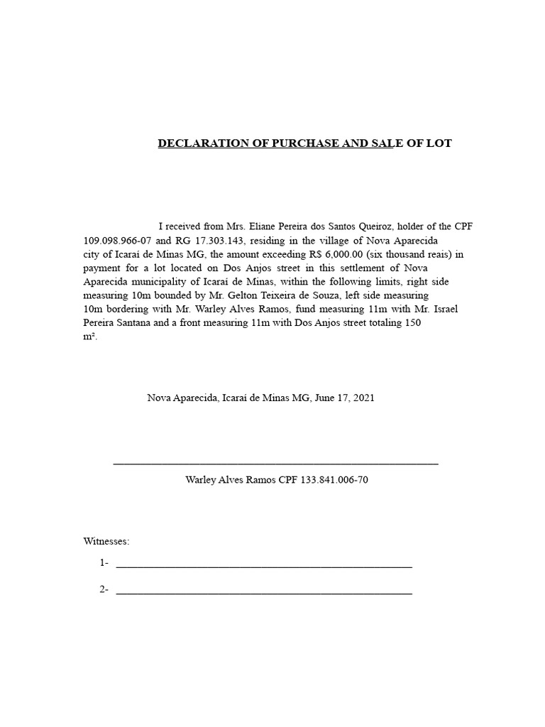 Lot Purchase Agreement in Icaraí de Minas | PDF