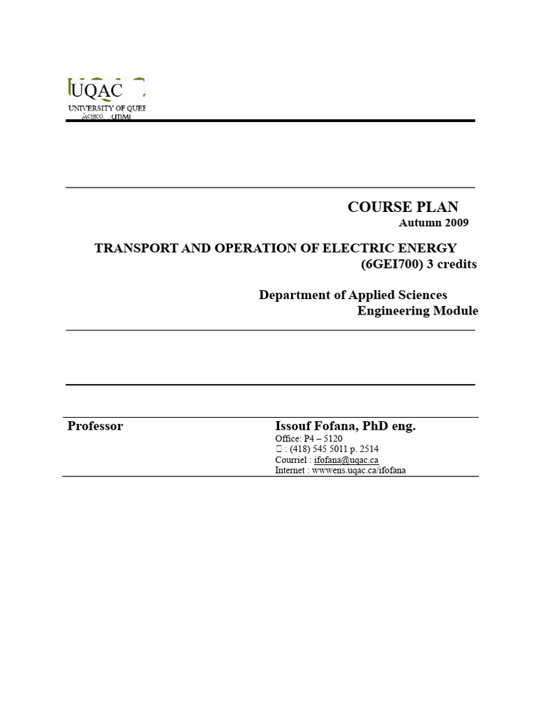 Transport and Operation of Electric Energy Course Plan | PDF | Electric ...