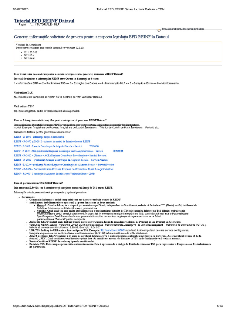 Tutorial EFD REINF Datasul - Linia Datasul - TDN | PDF