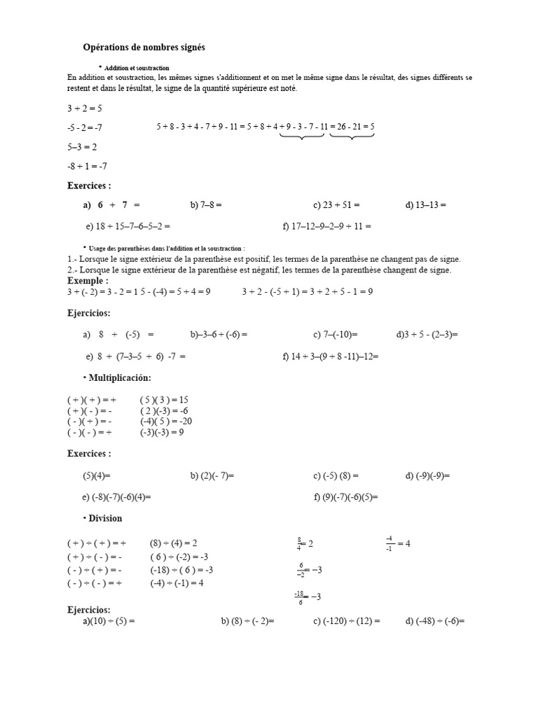 Opérations Sur Des Nombres Signés | PDF | Multiplication | Notation