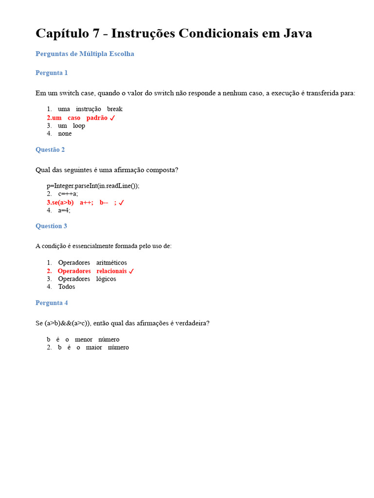 Instruções Condicionais em Java: Questões e Respostas | PDF | Controle ...
