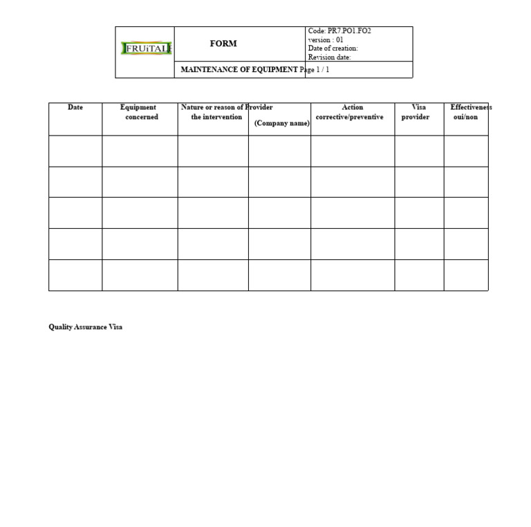 Equipment Maintenance Sheet | PDF