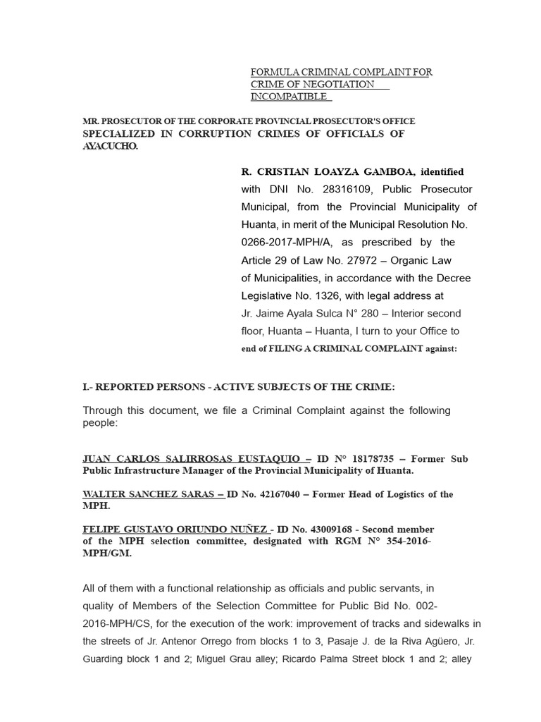 Criminal Complaint for Incompatible Negotiation | PDF | Corruption | Crimes