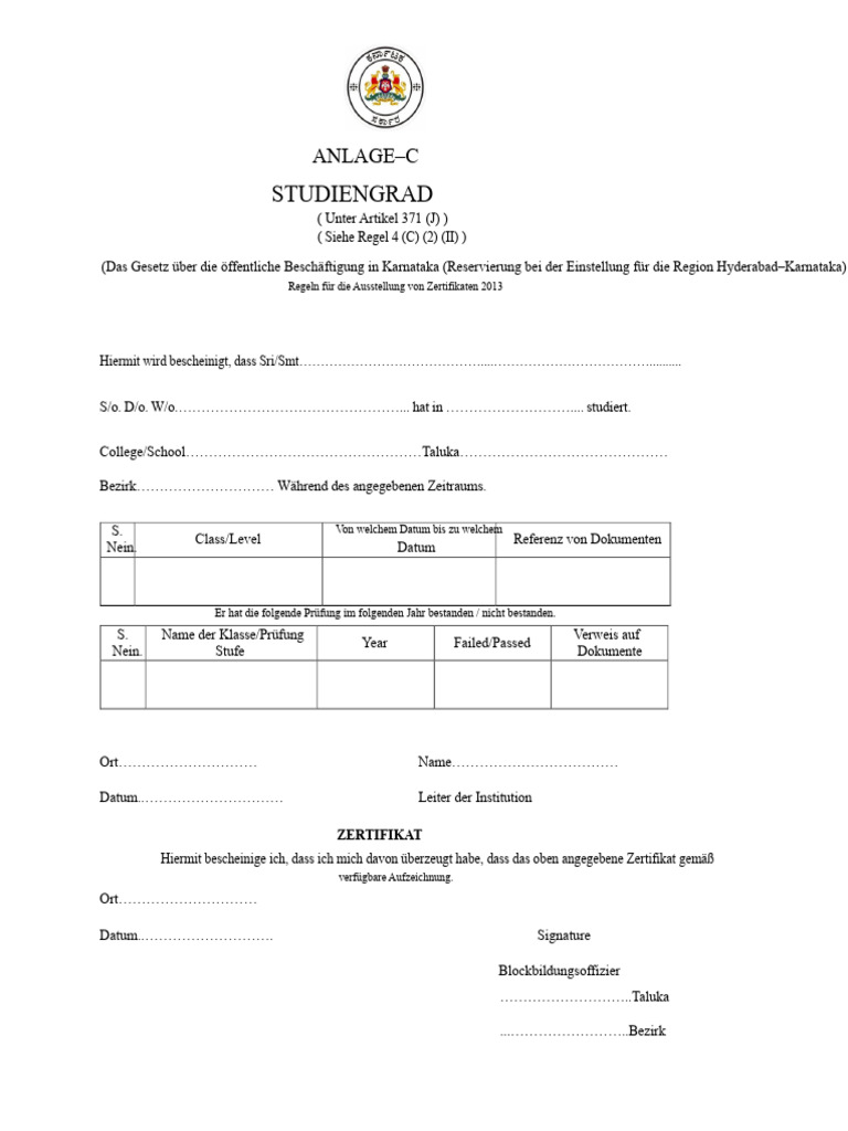 ANLAGE-C - Studienbescheinigung - Nach Artikel 371 (J) | PDF