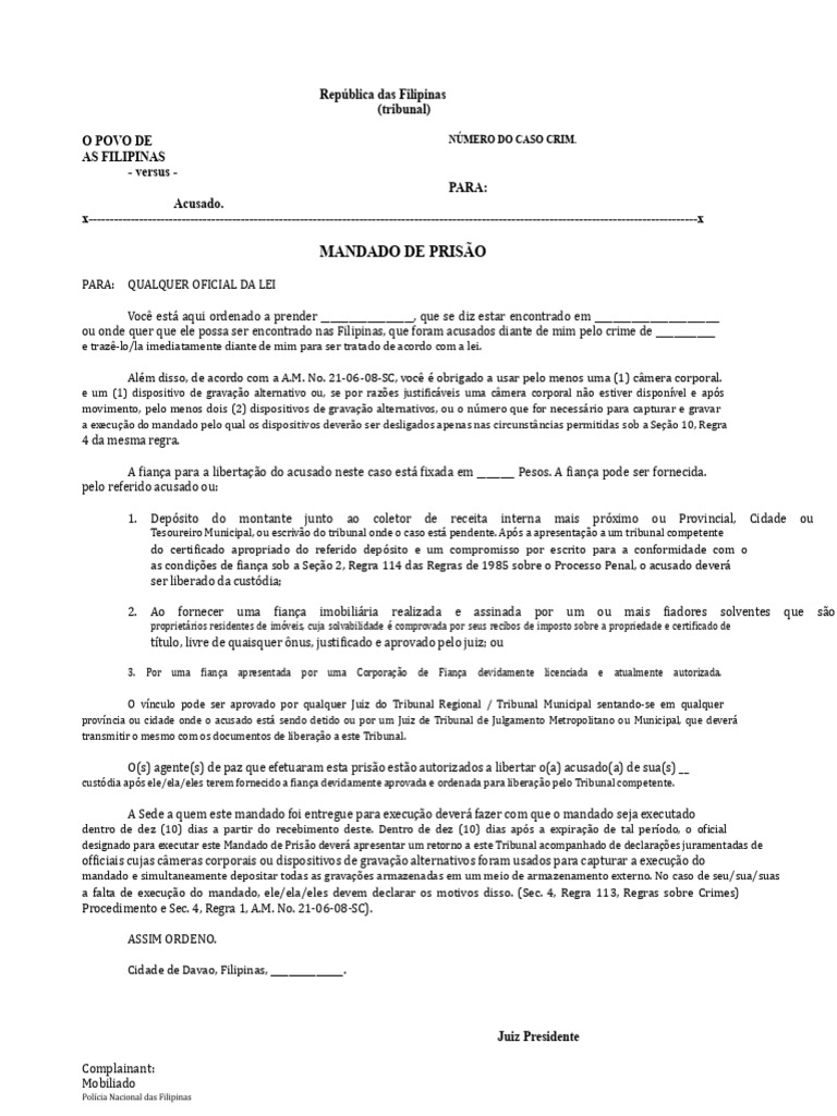 Modelo de Mandado de Prisão | PDF | Fiança | Tratado