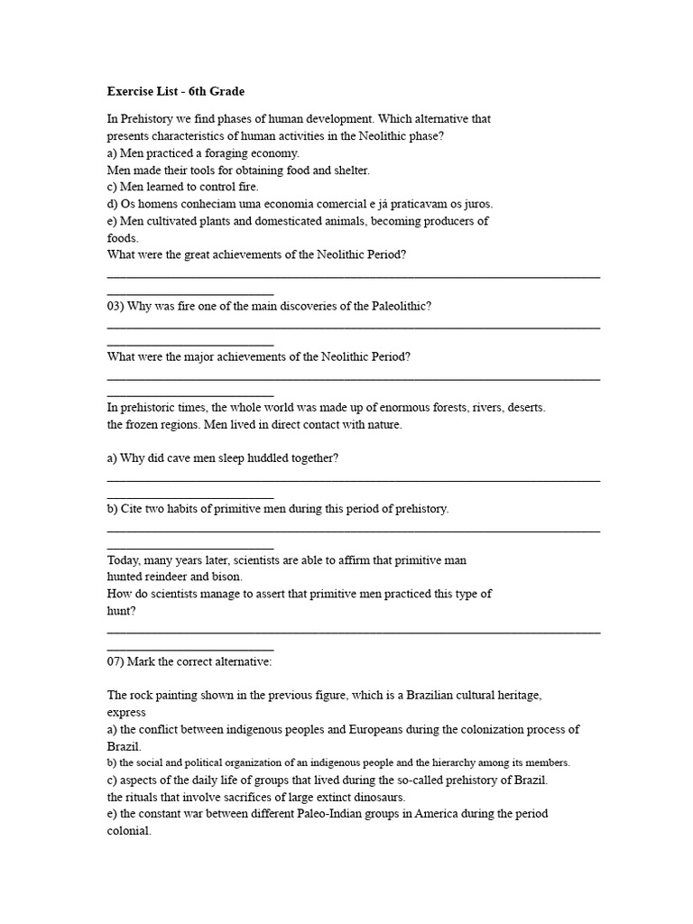 6th Grade Prehistory Exercise List | PDF | Neolithic | Paleolithic
