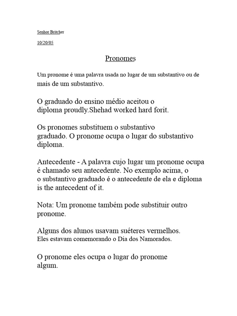 Tipos e Exemplos de Pronomes | PDF | Pronome | Gramática