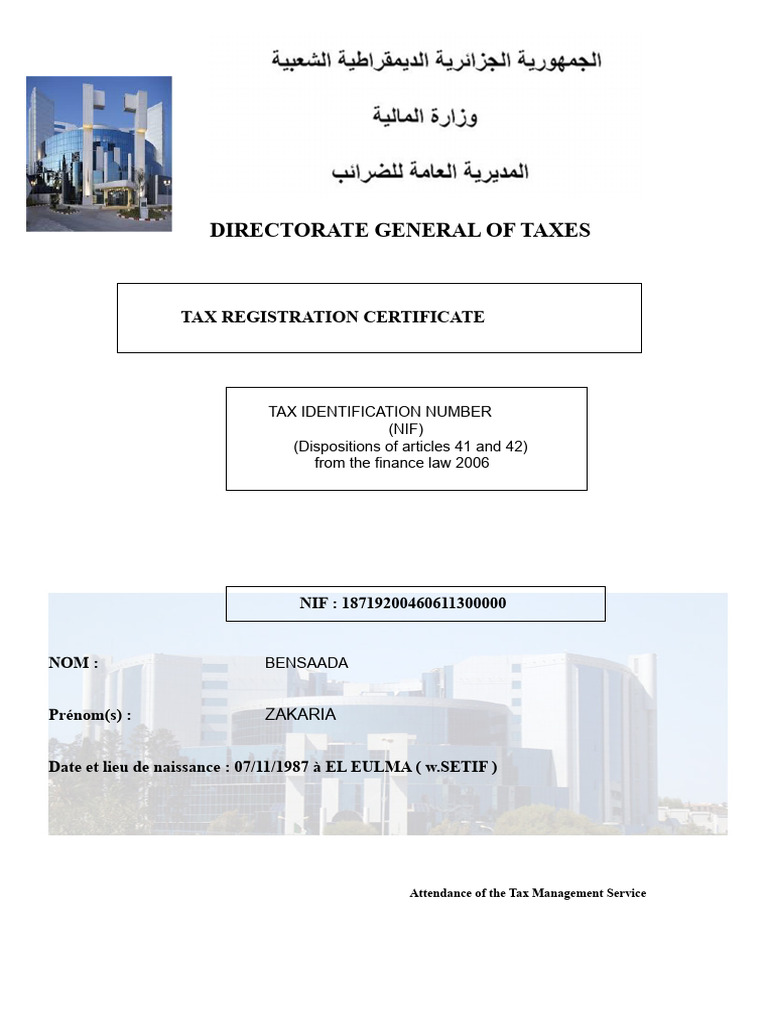 Certificat d'Enregistrement Fiscal NIF | PDF