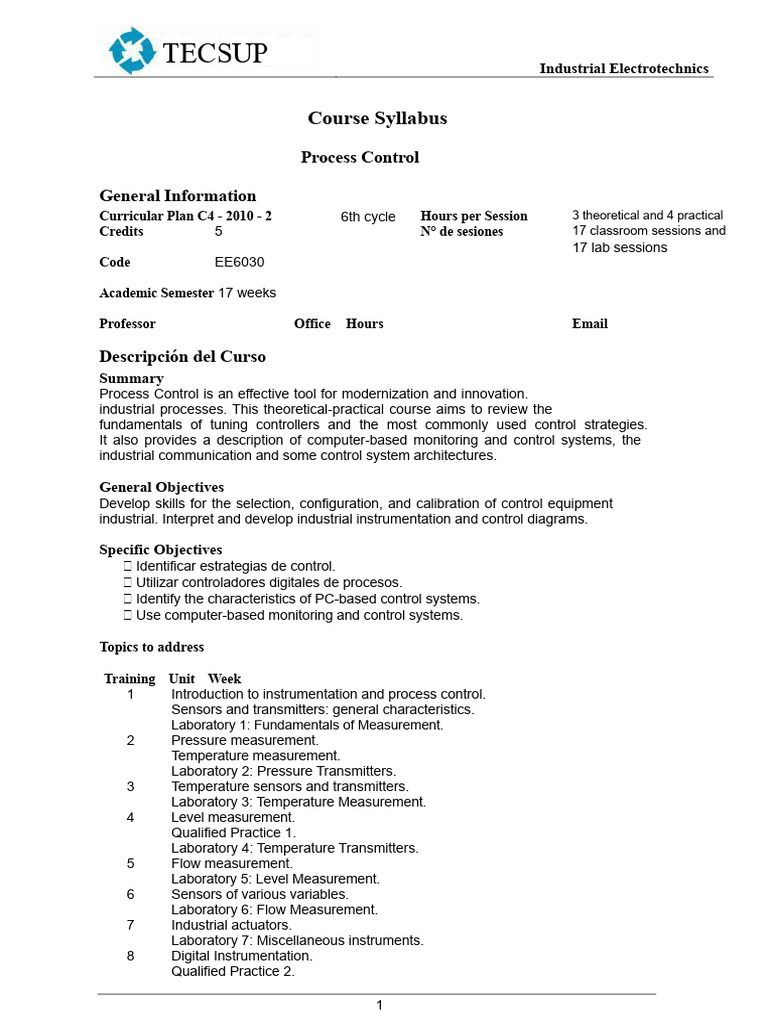Process Control Course Syllabus | PDF | Instrumentation | Laboratories