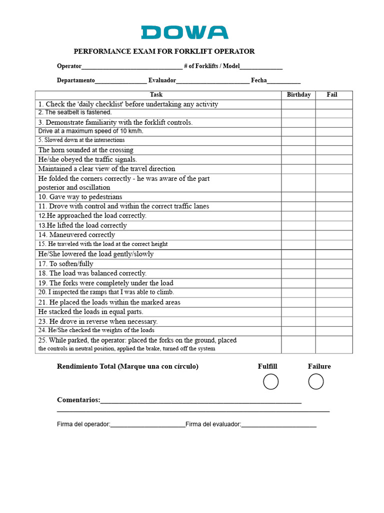 Performance Exam for Forklift Operator | PDF