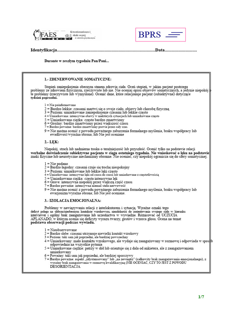 MEDYCYNA - Test-BPRS - Krótka Skala Oceny Psychiatrycznej | PDF