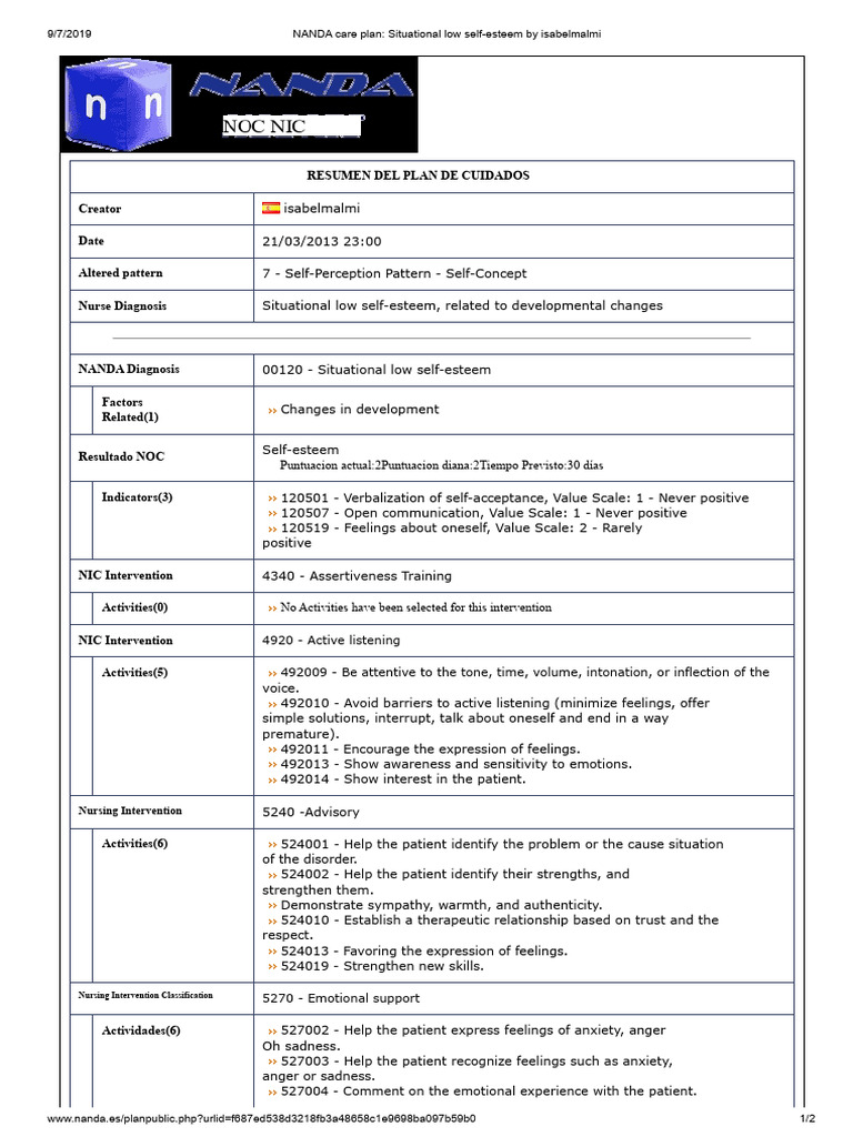 NANDA Care Plan: Low Self-Esteem | PDF | Self Esteem | Sympathy