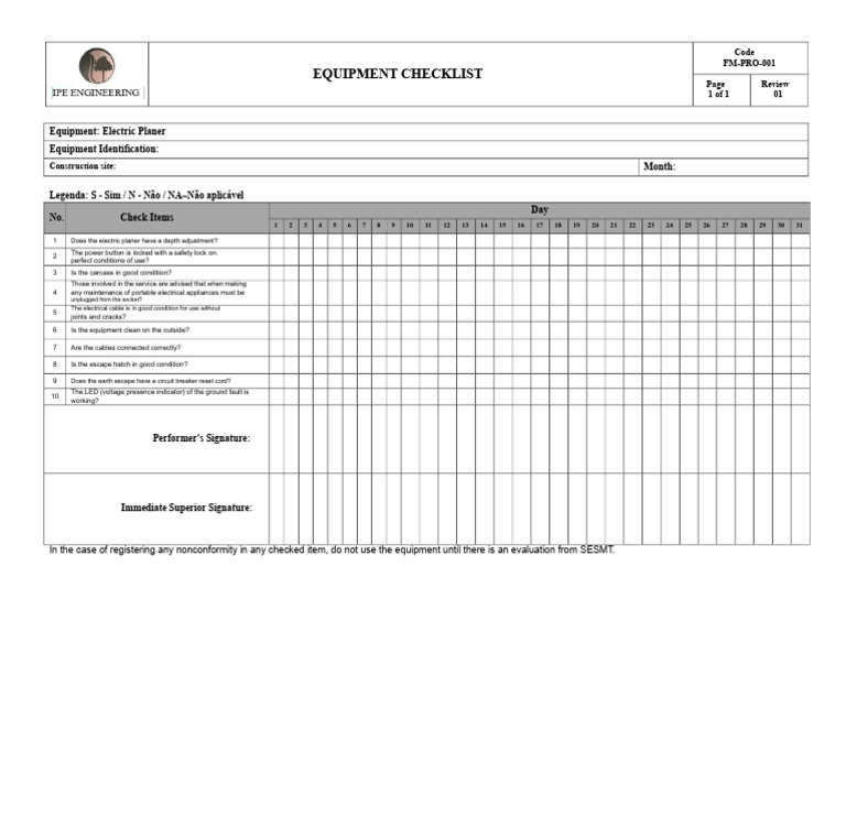 Electric Planer Equipment Checklist | PDF | Electrical Wiring | Power ...