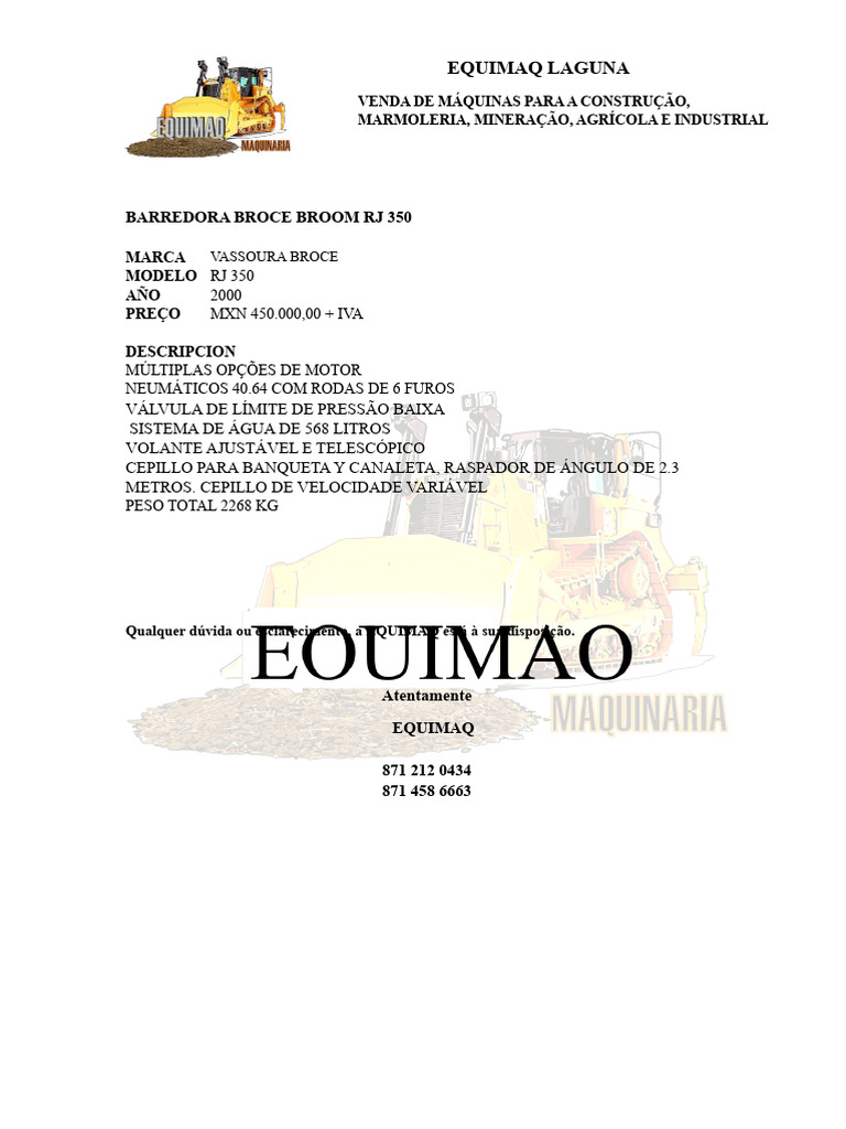 Ficha técnica varredora Broce Broom RJ 350 | PDF