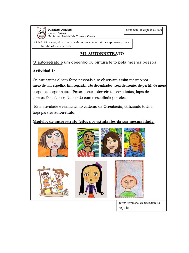 Atividade de Autorretrato para Alunos | PDF