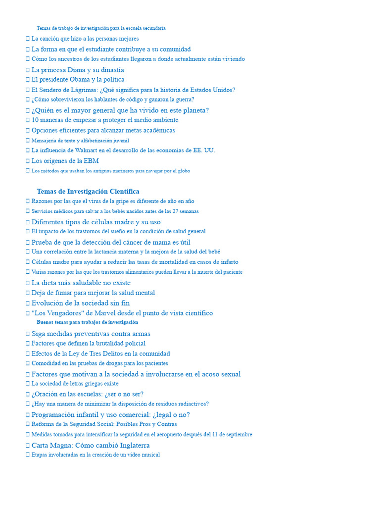 Temas de Trabajos de Investigación para La Escuela Secundaria | PDF