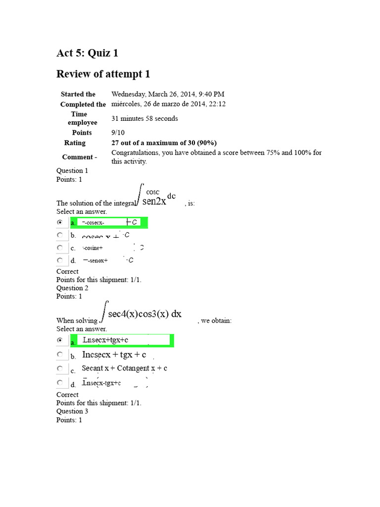 Integral Calculus Quiz | PDF