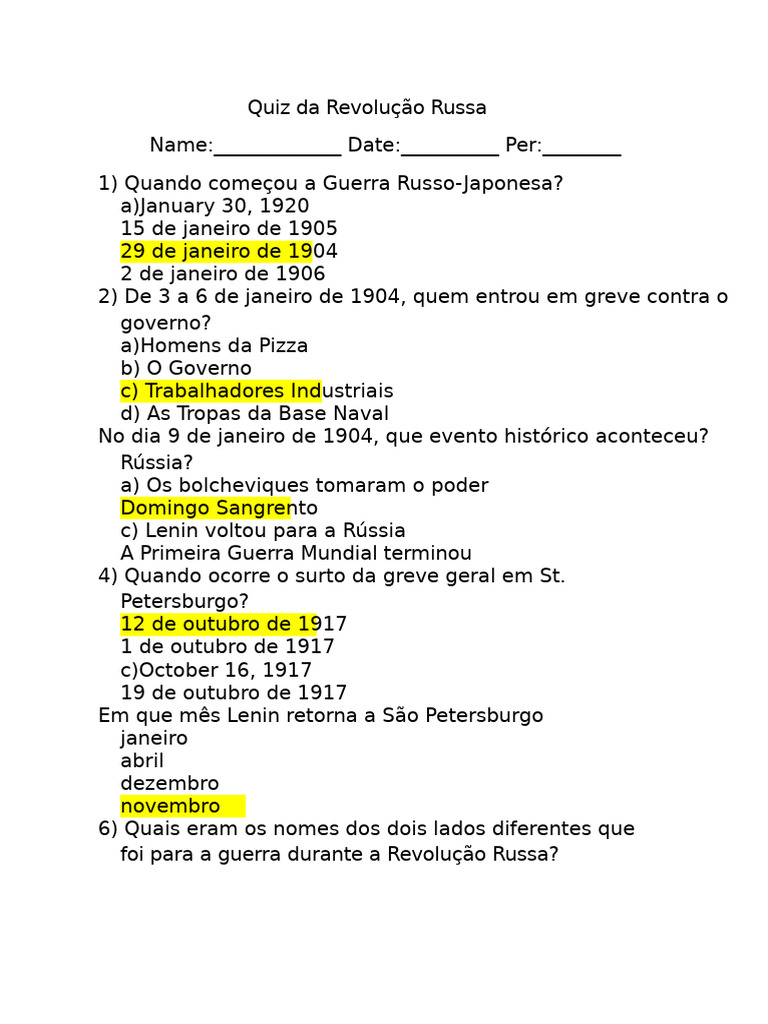 Questionário sobre a Revolução Russa | PDF | Revolução Russa | Vladimir ...