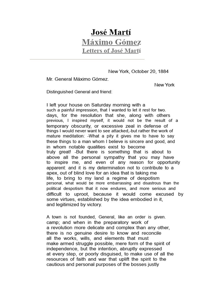 Letter From José Martí To Máximo Gómez - October 20, 1884 | PDF