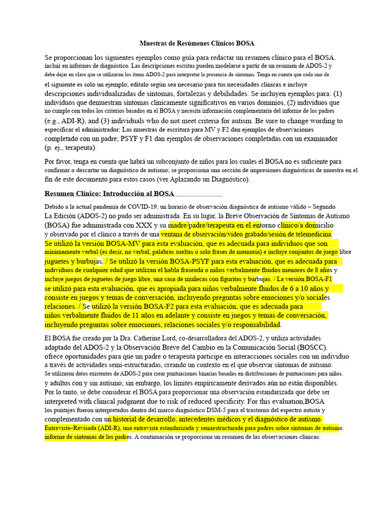 Ejemplos de Resúmenes Clínicos BOSA | PDF | Autismo | Cognición