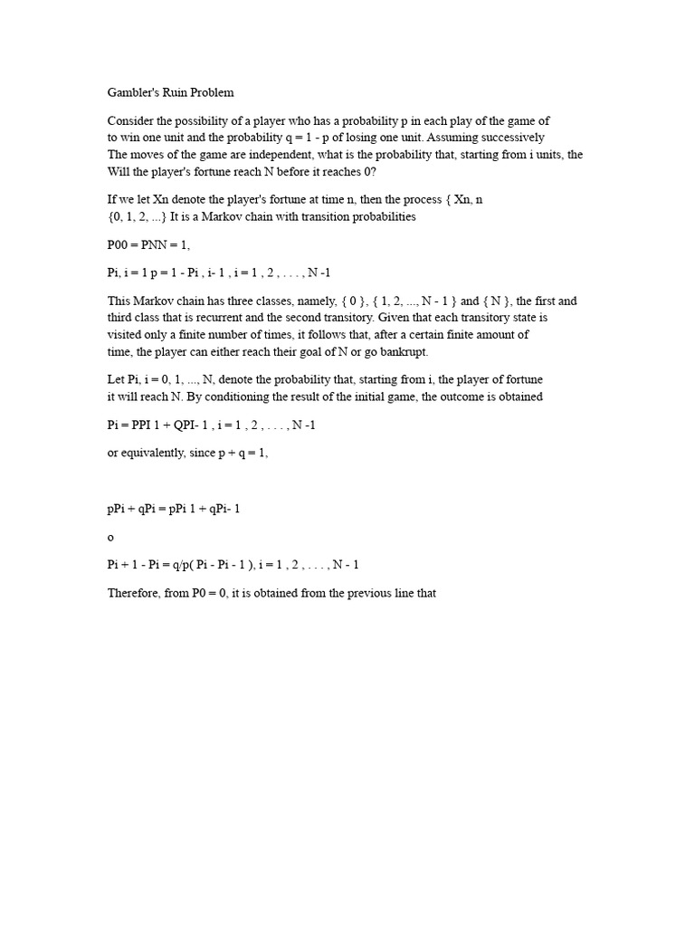 Gambler's Ruin Probability Analysis | PDF | Markov Chain | Statistical ...