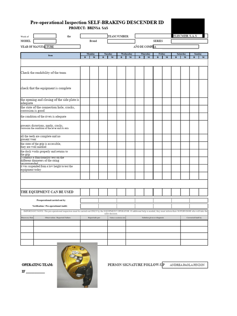 Pre-Operational Inspection Checklist for Descender ID | PDF