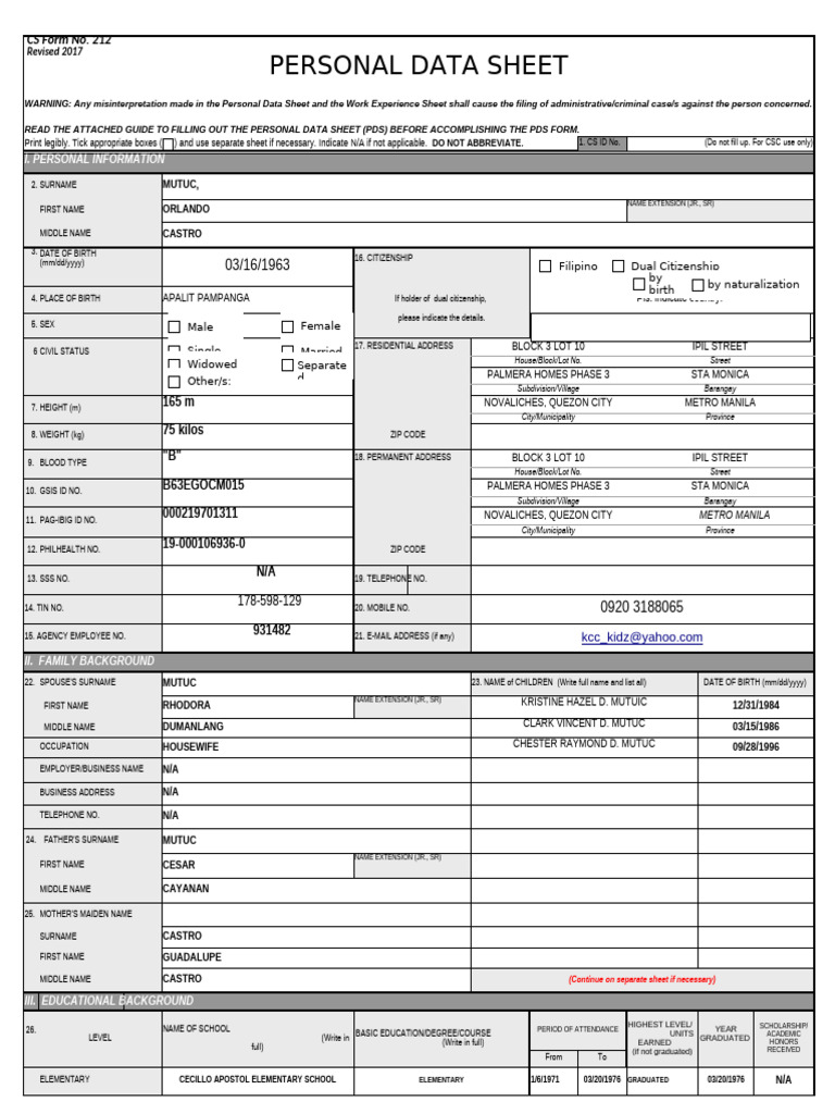 Personal Data Sheet Template | PDF